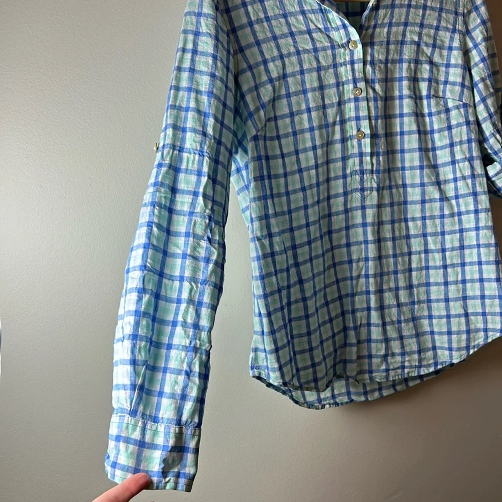 VINEYARD VINES Women’s White Blue Plaid Popover Roll Tab Sleeve Shirt – Size 4 - Picture 2 of 4